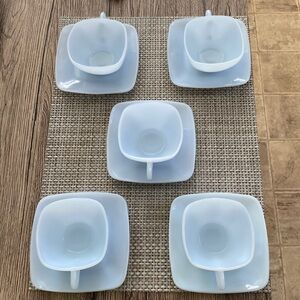 Vintage Fire King Blue Azurite Charm Square Coffee Tea Cup & Saucers